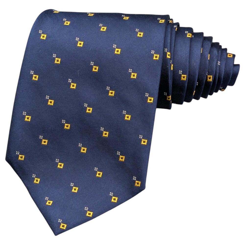 Lauren Ralph Lauren Tie Mens Classic Blue Yellow Foulard Silk Embroidered 56.5"